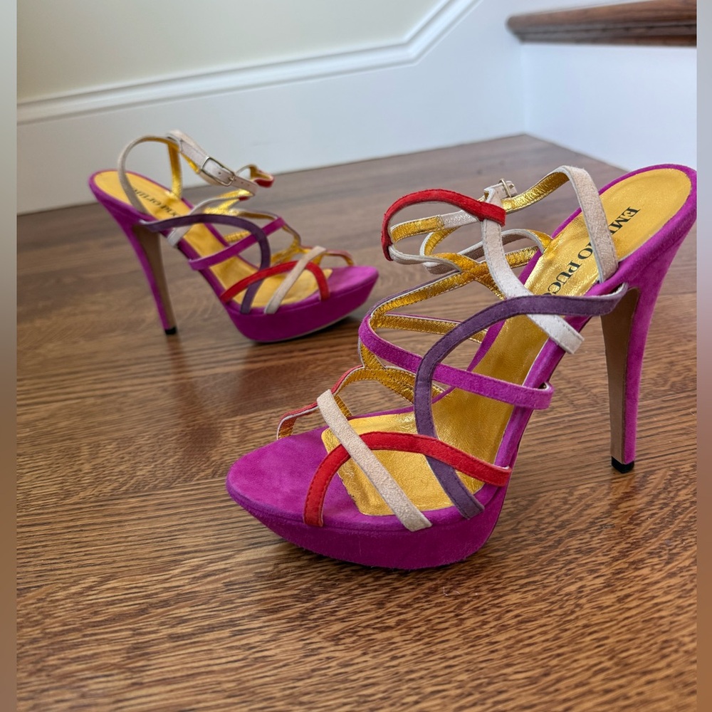 EMILIO PUCCI Strappy Suede Leather Platform Pumps Heels Pink Flirty Italy‎ 37